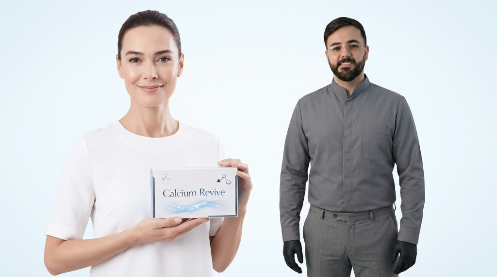 מטופלת מחזיקה את אריזת Calcium Revive לצד רופא